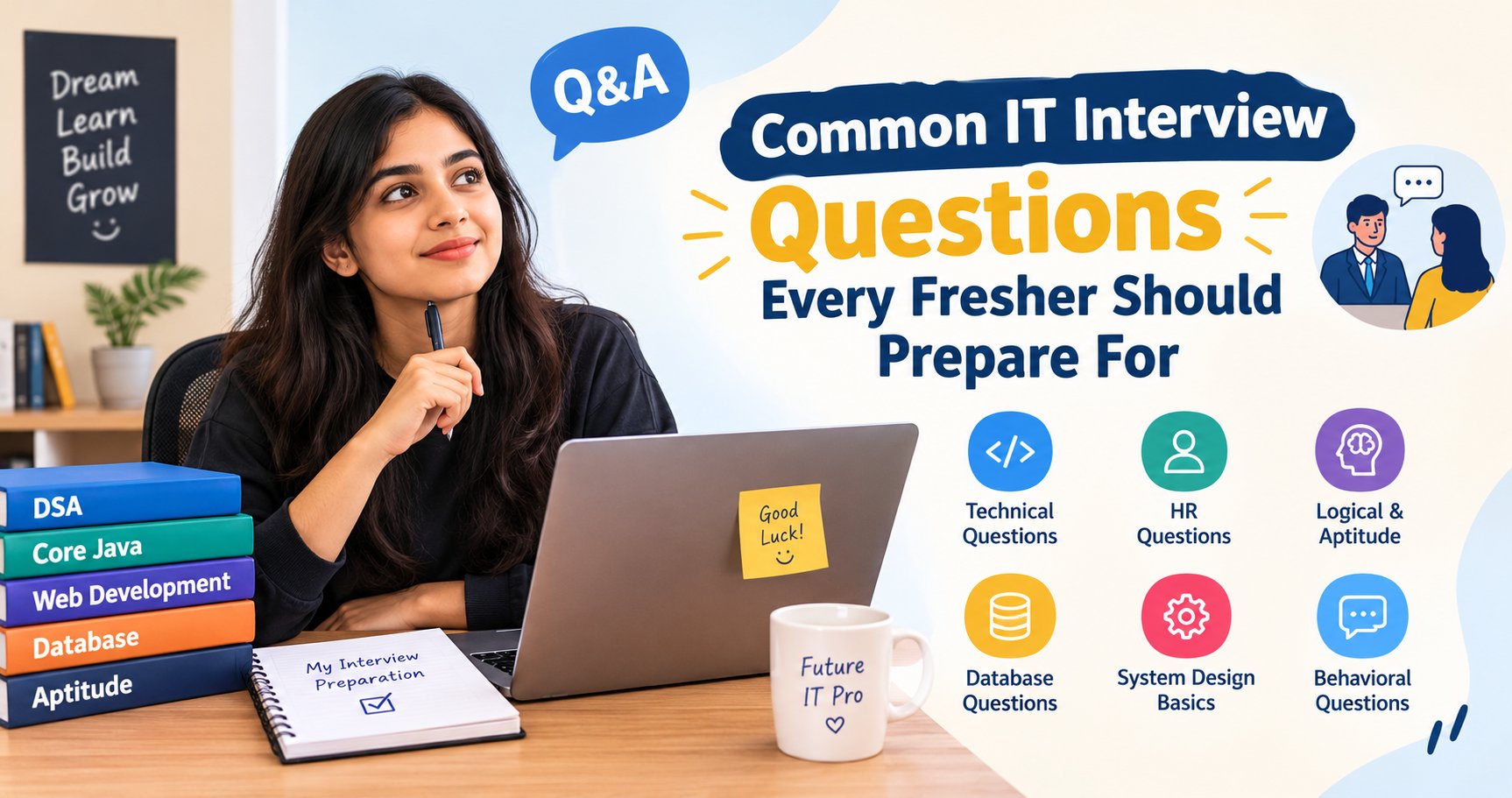 Young IT fresher preparing for a technical interview with a laptop, programming books, coding notes, and an interview preparation checklist.